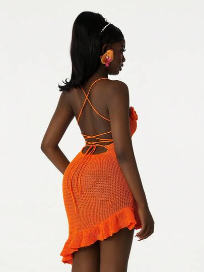 Amplova Women's Summer Vacation 3D Floral Decor Backless Sweater Dress Y2k Summer Outfit For Women  Spring Clothes Women Easter Festival Party Beach Outfit Wedding Elegant Casual Holiday Outfits For Women