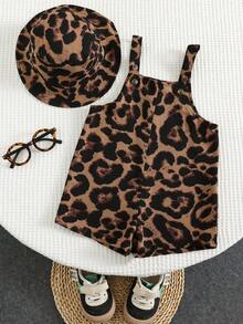 SHEIN 2pcs Baby Boy/Girl Summer Leopard Print Bib Overalls & Bucket Hat Set, Casual Outfit For Home, Outing, Beach - Multicolor - View 4