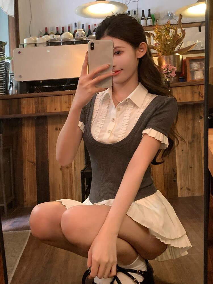 Women's Collared Color Block Korean Style Chic Color Patchwork T-Shirt Summer
