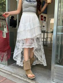 DAZY Women's Lace Patchwork Asymmetric Hem Skirt - Apricot - View 2