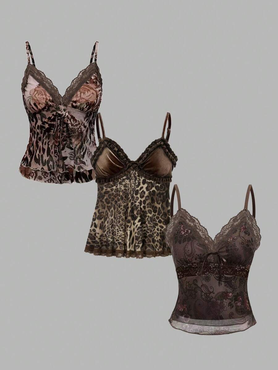 INAWLY 3件套时尚花卉印花滚边女式上衣套装 - 彩色 - 查看 1