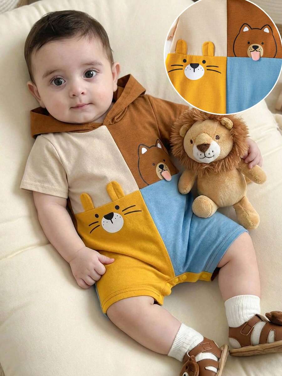 SHEIN Baju Terusan Bayi Unisex Baru Lahir Laki-laki/Perempuan Motif Hewan Lucu dengan Warna Kontras, Pakaian Bayi Musim Semi/Panas, Set Pakaian Bayi - Coklat - View 1