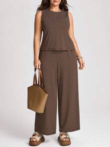 Comfylo 大码女式休闲条纹背心和裤子两件套 - 彩色 - 查看 7