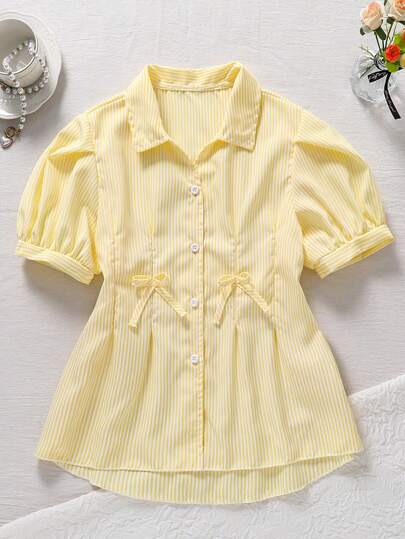 SHEIN Vintaside Kids Striped Front Button Short Sleeve Casual Shirt, Lantern Sleeve, Bow Pleated Waist A-Line Flattering, Suitable For Commuting, Vacation And Leisure, Summer