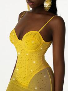 Amplova Women's See-Through Cup Detail Mini Dress, & Avant-Garde Sparkling Rhinestone Sparkly Yellow,Summer,70s,Night Out,Party Island Resort Dress - Yellow - View 6