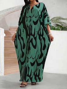 SHEIN Lady Đầm nữ dáng suông dài đến đầu gối, cổ chữ V, tay lỡ 3/4, in họa tiết hoa, thích hợp cho kỳ nghỉ. - Màu xanh Ô liu - Xem 4