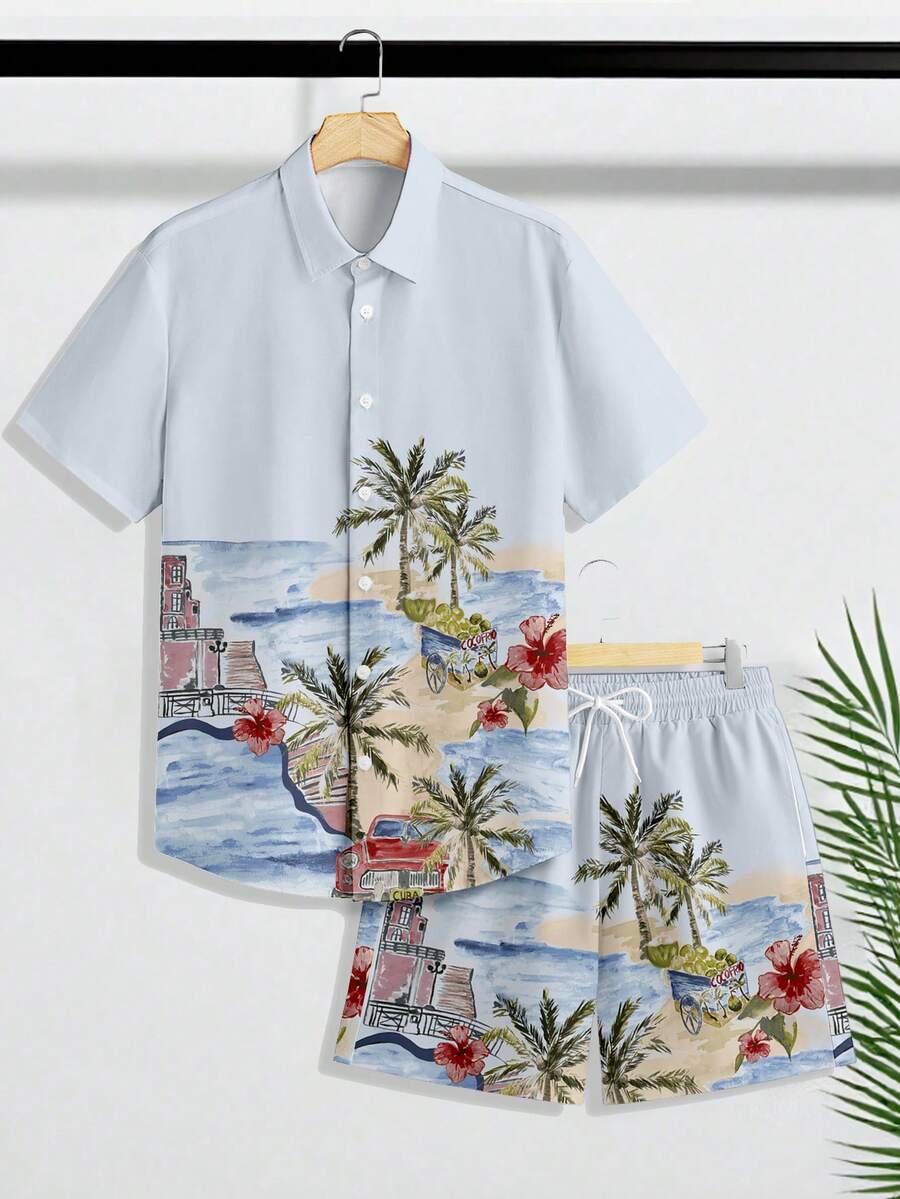 VIVINTIMO Men's Tropical Coconut Tree Beach Casual Shirt Set - Multicolor - View 1