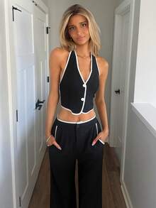 Sydney Algeri 2 件套通勤女士纯色短款无袖上衣和裤子套装 - 黑色 - 查看 3