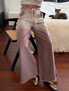 Livesso Frayed Ombre Lace-Up Casual Women Jeans - Brown - View 6