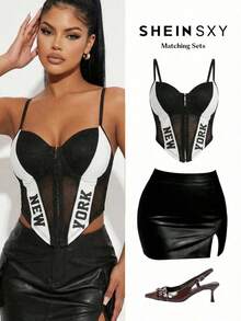 SHEIN SXY Débardeur court asymétrique avec imprimé lettres et couleurs contrastées, mode de rue pour femmes grandes tailles en été - Noir et Blanc - Voir 1