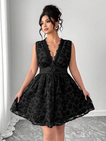 Elenzga 大码女式时尚精致深V蕾丝修身A字无袖连衣裙，春夏款