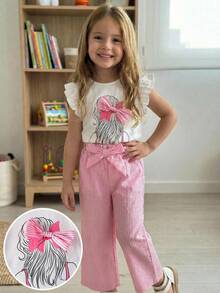 SHEIN LMoss Kids 女童蝴蝶结装饰上衣和条纹裤套装 - 粉色 - 查看 5