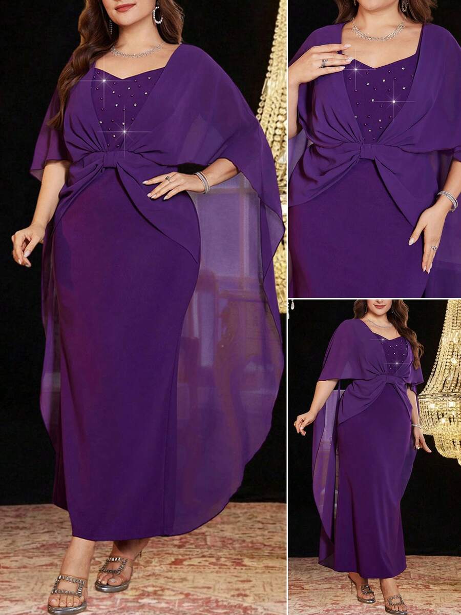 Reflora Plus Size Women Elegant Purple Dress,Formal Wedding Guest Party Dress,Sweetheart Neck Rhinestone & Faux Pearl Decor Bodycon Mermaid Hem,Autumn 2026