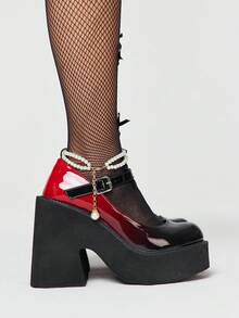 ROMWE Goth Women's Shoes Fashion Thick-Soled Wedge Shoes - Casual Punk Style Round Toe Gradual Change Burgundy Pearl Naked Belt Buckle Shoes - Comfortable And Simple Women's Slip-On Party Women's Shoes - Red - View 4