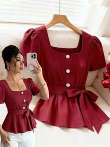 GlowEve New Arrival Wine Red Square Collar Cinched Waist Ruffle Hem Pearl Button Casual Commuter Versatile Elegant Slim Fit Blouse For Women - Red - View 1