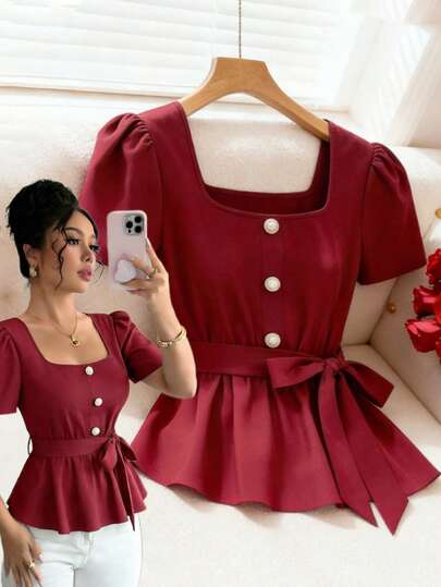 GlowEve Nueva llegada Blusa elegante de ajuste ceñido con cuello cuadrado, cintura ceñida, volantes en el bajo y botones de perla, versátil y casual para mujer en color vino tinto