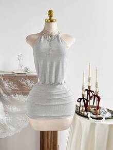 Elamini Sexy Backless Halter Metallic Glitter Mini Dress For Party - Grey - View 4