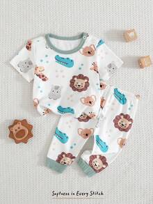 Cozy Pixies Newborn Baby Boy/Girl Cartoon Car Pattern Knit Soft Round Neck Long Sleeve Pullover Top And Elastic Waist Long Pants 2-Piece Set - Red and White - View 1