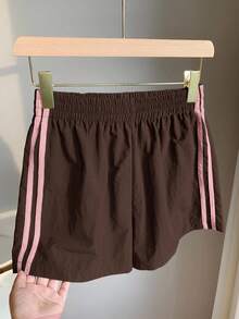 Comfortcana Women's Elastic Waist Brown Striped Shorts,Summer Athleisure Gym Casual Sports Loose Contrast Pink Side Stripe Versatile Daily Street Wear Cargo - Brown - View 5