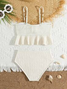 SHEIN Set de 2 trajes de baño de unicolor lindos para chica joven, traje de baño de playa de verano - Albaricoque - Ver 2