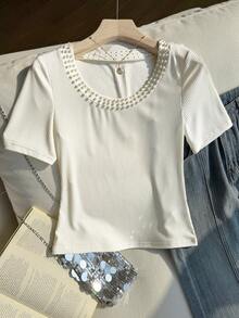 Resyla Women's Casual Ribbed Pearl Embellished Short Sleeve T-Shirt - Apricot - View 1