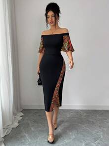 Selianne 优雅露肩喇叭袖开衩下摆连衣裙，适合度假和通勤 - 黑色 - 查看 6