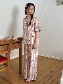 DAZY Tween Girl Bow & Striped Print Short Sleeve Top And Pants Pajama Set Summer - Pink - View 4