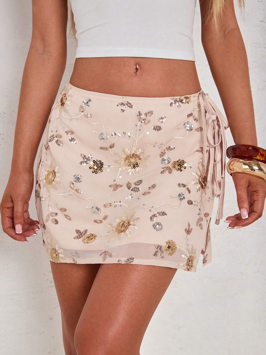 Glamine Women's Sequin Embroidered Pink Sequin Floral Mini Skirt, Summer Boho Sexy Vacation Holiday Party Going Out Wear Sparkly Drawstring Tie Side Wrapped - Apricot - View 1