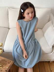 DAZY Tween Girls Sleeveless Round Neck Denim Ruffle Dress - Blue - View 1