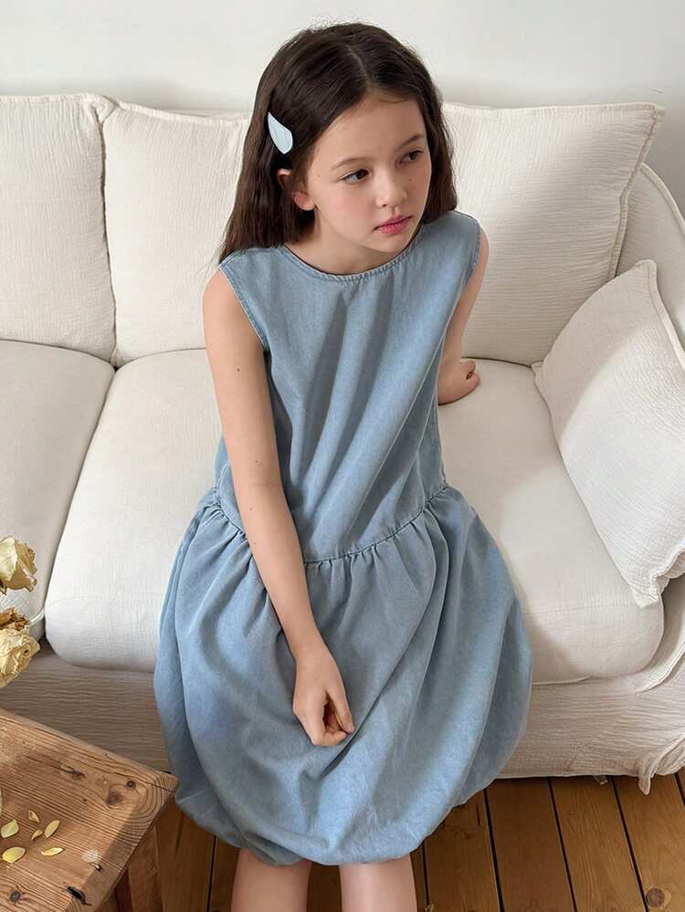 Tween Girls Sleeveless Round Neck Denim Ruffle Dress