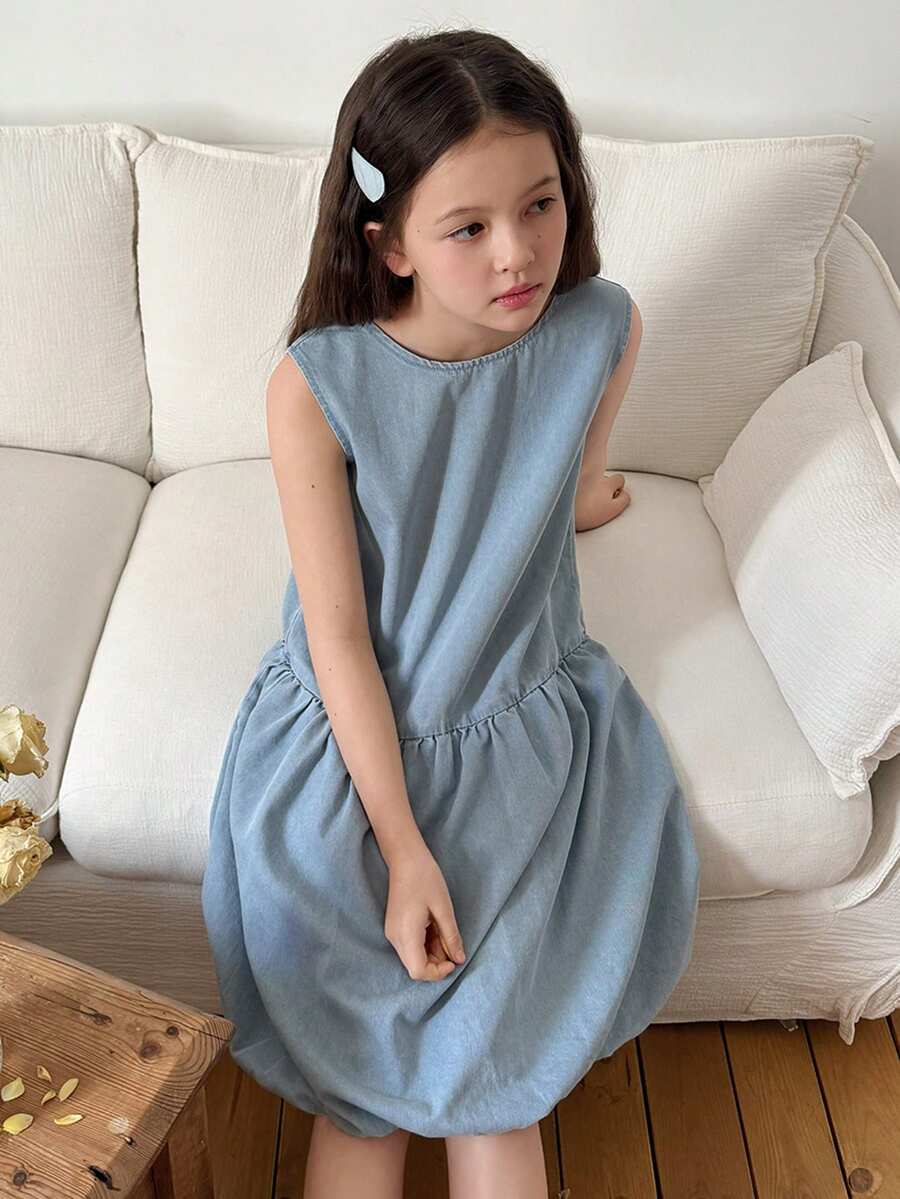DAZY Tween Girls Sleeveless Round Neck Denim Ruffle Dress - Blue - View 1