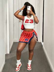 BamGleam 女士条纹数字印花镂空系带短裙 - 彩色 - 查看 5