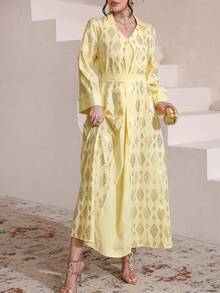 Al Najma Bata de lujo con parches de unicolor y lámina de oro, estilo turco - Amarillo - Ver 4