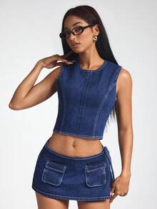 SHEIN ICON 女士性感撞色缝线露背系带短款牛仔上衣 - 深色水洗藍 - 查看 4