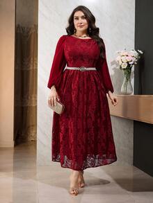 Modelyn Plus Size Women Floral Jacquard Round Neck Lantern Sleeve Elegant Dress Fall - Burgundy - View 7