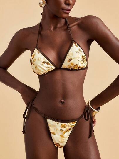 Travachic Women's Summer Beach Floral Sequin Halter Tie Sexy Bikini Swimwear Set