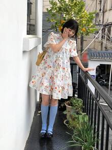 DAZY Women's Floral Print Frill Trim Front Tie Loose Blouse - White - View 4