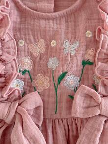 Loomiva Baby Girl Floral Print Round Neck Ruffle Hem Cinched Waist Dress - Pink - View 7