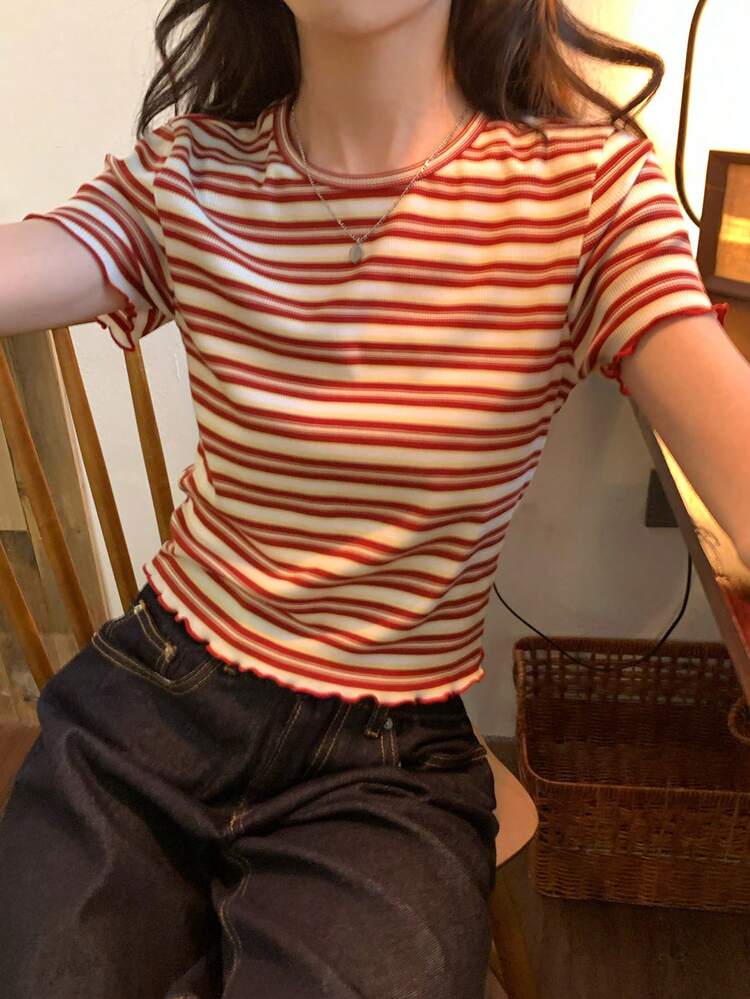 Women's Round Neck Striped Korean Style Summer Pullover Short Sleeve Striped T-Shirt