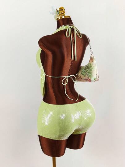 Amplova Sexigt set med rygglös sjöstjärna och paljettdetaljer för kvinnor, topp och paljettshorts med låg midja, lämpligt för strandsemester