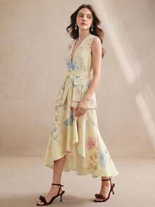 Conjunto de 2 piezas de Anewsta de chaqueta sin mangas con estampado floral grande y falda con volantes en el bajo, elegante y casual de moda para mujer - Amarillo claro - Ver 3