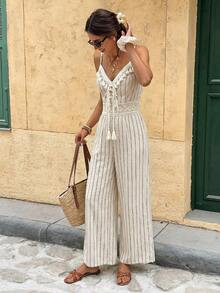 Serisse 女士条纹印花打结流苏装饰休闲连体裤 - 杏色 - 查看 4