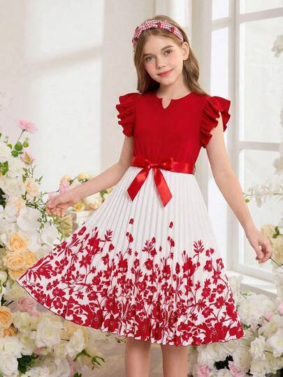Vestido plisado con estampado floral blanco para niña preadolescente de vacaciones, vestido corto con cuello en V rojo y mangas cortas elásticas