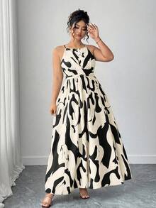 Elenzga 大码女式时尚优雅露背镂空腰部扭结不对称连衣裙，适合度假和约会 - 卡其色 - 查看 3