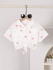 SHEIN Young Girl Vacation Beach Casual Versatile Embroidery Hollow White Loose Short Sleeve Blouse,Holiday,Summer,Travel - White - View 4