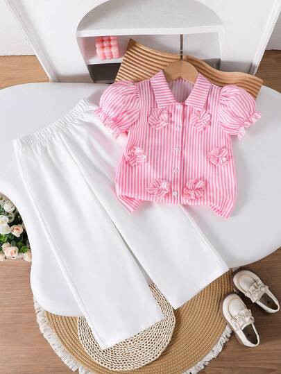 SHEIN Genkimix Kids Young Girl Striped Print Button-Front Short Sleeve Shirt And Solid Color Pants 2-Piece Set