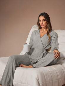 SHEIN Women's V-Neck Criss-Cross Tie Long Sleeve Flared Leg Pajama Set, Autumn/Winter - Grey - View 6