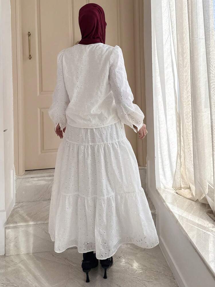 Elegant Spring White Round Neck Petal Sleeve Top And Casual Long Skirt 2-Piece Set For Women