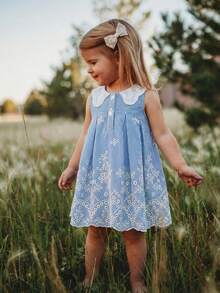 SHEIN 女婴/幼儿无袖简约蓝白连衣裙 - 藍色 - 查看 3