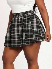 SHEIN SXY 大码格子印花高腰百褶休闲裙 - 黑色 - 查看 7